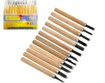 12 Piece Wooden Mini Carving Carver Hand Chisel Knife Kit Set Wood working Gouges Ideal for detailed basic carving Sculpture Carpentry Tool