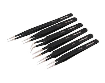 6 Piece Set Black Epoxy Coated Non Magnetic Tweezers Model Making Electronics Watches Various shaped noses for lots of applications T4303