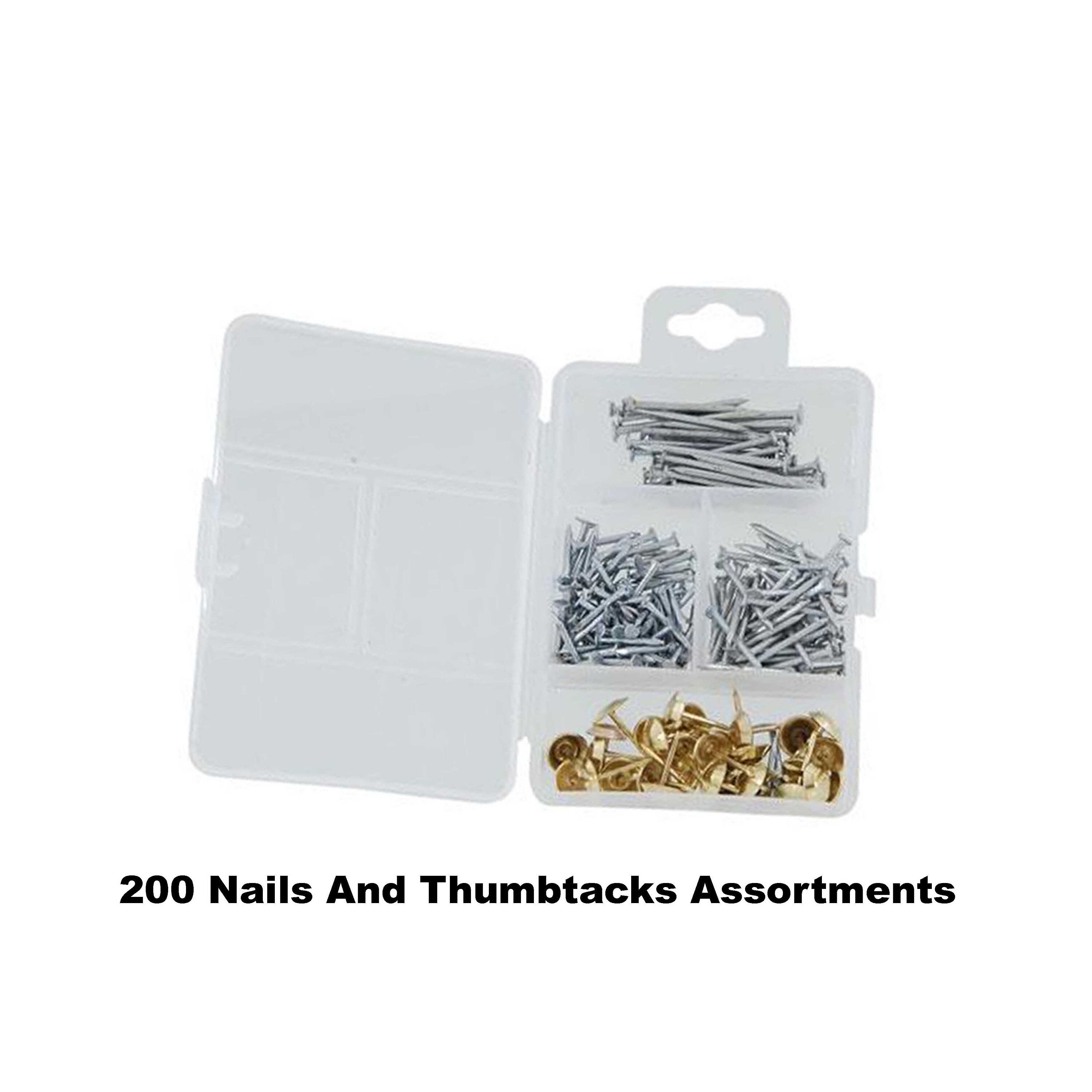 200 Piece Nail Assorted Pack Plus Thumbtacks in Box Include 80 piece of 13mm Nails 50 Piece of 19mm Nails 40 of 25mm Nails And 30 Thumbtacks