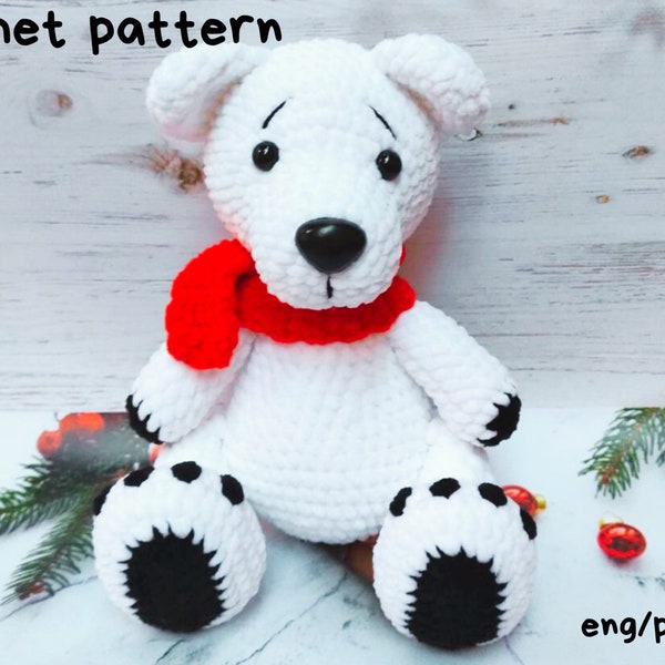 Crochet pattern polar bear, Amigurumi pattern christmas teddy bear, Plushie white bear crochet pattern, English pattern amigurumi pdf