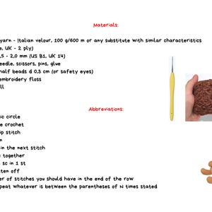 May include: A page with instructions for a crochet project, including a list of materials like yarn, a crochet hook, and fiberfill. The image also shows a crochet hook, a ball of brown yarn, and a small teddy bear.