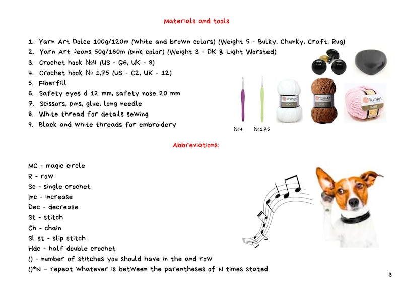 Op de afbeelding: Materialen en gereedschap voor het haken van een amigurumi hond. De afbeelding toont twee bollen garen, twee haaknaalden, veiligheidso ogen, een veiligheidsneus, vulling, schaar, spelden, lijm, een naald en wit en zwart garen. De tekst bevat afkortingen voor haaksteken.