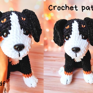K&ouml;nnte beinhalten: H&auml;kelanleitung f&uuml;r ein Amigurumi-Spielzeug eines Berner Sennenhunds. Der Hund ist schwarz, wei&szlig; und braun mit einer flauschigen Textur. Die Anleitung ist in englischer Sprache und im PDF-Format verf&uuml;gbar.