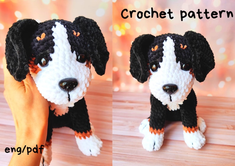 K&ouml;nnte beinhalten: H&auml;kelanleitung f&uuml;r ein Amigurumi-Spielzeug eines Berner Sennenhunds. Der Hund ist schwarz, wei&szlig; und braun mit einer flauschigen Textur. Die Anleitung ist in englischer Sprache und im PDF-Format verf&uuml;gbar.