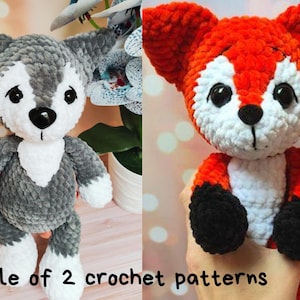 May include: Two handmade crochet stuffed animals: a gray and white wolf and a red, white, and black fox. The wolf has a white chest and paws. The fox has black paws and a white face. The text "Bundle of 2 crochet patterns" is at the bottom.