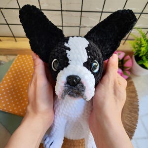 Puede incluir: Un perro Boston Terrier de peluche hecho a mano con grandes orejas negras, una nariz negra y una cara blanca y negra. El perro está sostenido por dos manos. El perro de peluche es un juguete suave y tierno.