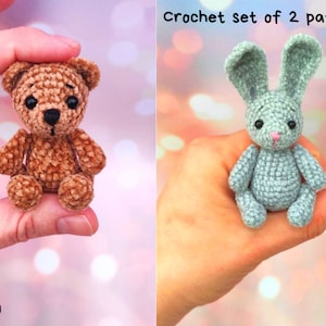 Miniature crochet pattern, Set of 2 crochet pattern, Amigurumi easter bunny, Amigurumi mini bear, Crochet mini animals pattern pdf
