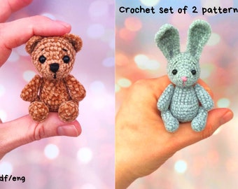 Miniature crochet pattern, Set of 2 crochet pattern, Amigurumi easter bunny, Amigurumi mini bear, Crochet mini animals pattern pdf