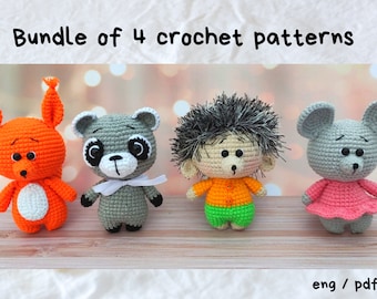 Forest animals crochet patterns, Bundle of 4 crochet patterns, Amigurumi woodland animals pattern, English pattern amigurumi pdf
