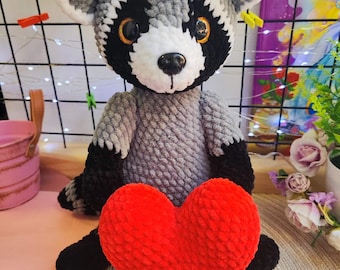 Crochet Raccoon Plushie with Red Heart - Raccoon Gift