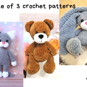 BEAR, BUNNY, CAT crochet patters/ Bundle of 3 crochet patterns/ Amigurumi tutorial stuffed animals/ English pattern amigurumi pdf