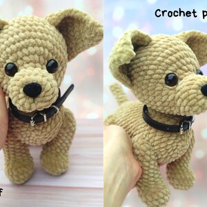 May include: Crochet pattern for a beige plush dog toy with black eyes and a black collar. The pattern is available in English and PDF format.