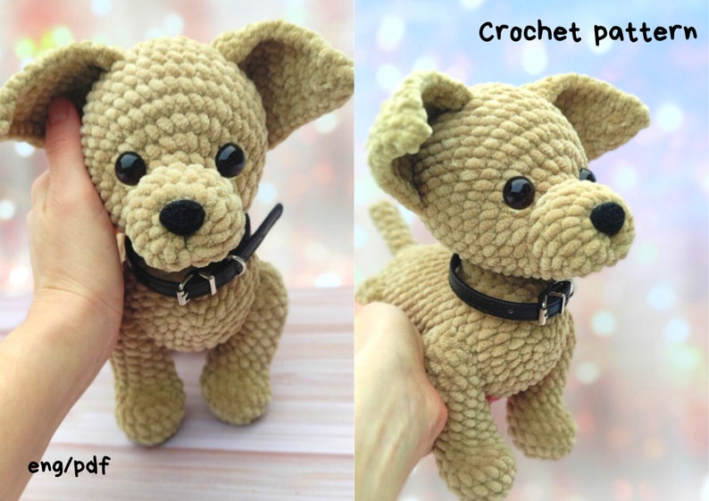 May include: Crochet pattern for a beige plush dog toy with black eyes and a black collar. The pattern is available in English and PDF format.