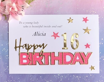 Personalized Sweet 16 Birthday Card, Gold Outline, Handmade