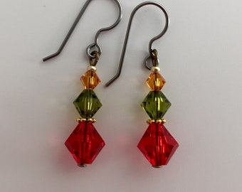 Swarovski Crystal earrings in Christmas colors. Surgical stainless steel wires.