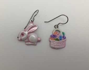 Easter bunny and basket mixed hand painted earrings. Surgical stainless steel wires.