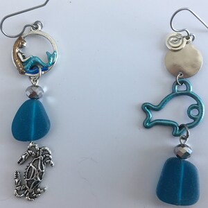 Mermaid, Crab , sea glass and Fish earrings, hypoallergenic