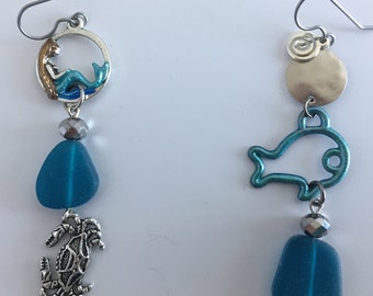 Mermaid, Crab , sea glass and Fish earrings, hypoallergenic