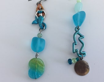 Mermaid, sea glass and seahorse earrings