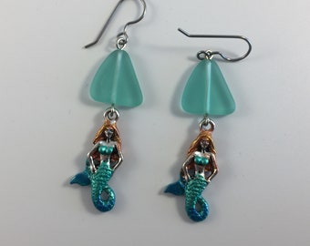 Aqua mermaid with sea glass earrings, hypoallergenic