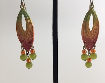 Hand painted chandelier earrings in beautiful fall colors with coordinating beads. Hypoallergenic