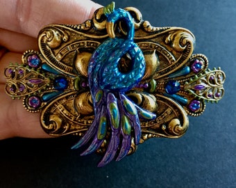 Peacock French barrette with Swarovski Crystals painted in jewel tone colors