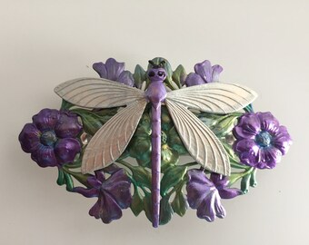 Hand painted dragonfly on floral filigree barrette in lavender and sage colors. Lightweight