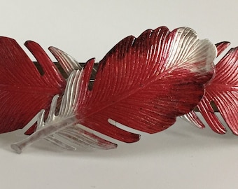 Feather French barrette hand painted in red, black and white, lightweight