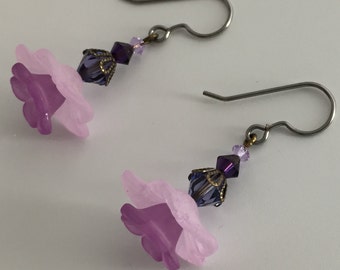 Lavender flower earrings with Swarovski Crystals. Lightweight. Hypoallergenic.