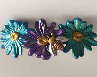 Hand painted Honey bee on jewel tone flowers barrette. Lightweight.