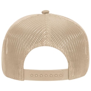 May include: Tan trucker hat with a mesh back and adjustable snap closure. The hat features a curved brim and a button on top. The back of the hat is made of a breathable mesh material, and the adjustable strap allows for a comfortable fit.