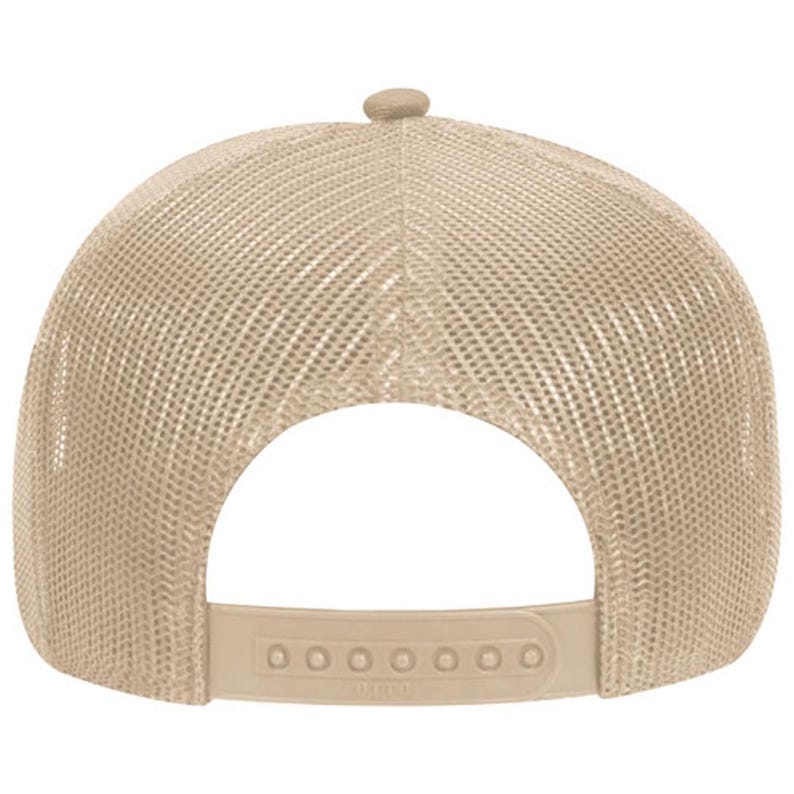 May include: Tan trucker hat with a mesh back and adjustable snap closure. The hat features a curved brim and a button on top. The back of the hat is made of a breathable mesh material, and the adjustable strap allows for a comfortable fit.