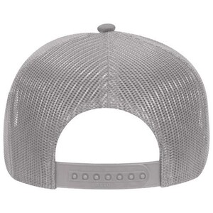May include: A gray trucker hat with a mesh back and a curved brim. The hat features a snapback closure for adjustable sizing and a small button on top. The back of the hat is open for ventilation.