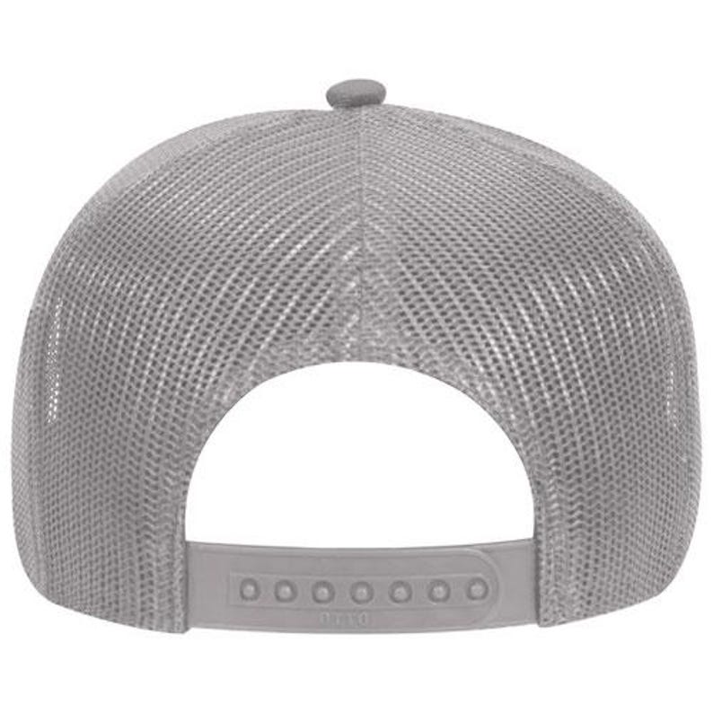 May include: A gray trucker hat with a mesh back and a curved brim. The hat features a snapback closure for adjustable sizing and a small button on top. The back of the hat is open for ventilation.