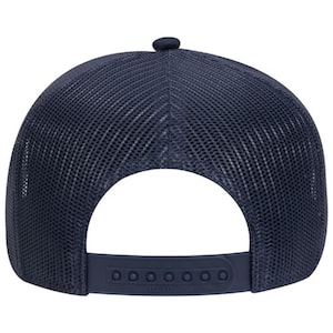May include: Navy blue trucker hat with a mesh back and a curved brim. The hat features a snapback closure for an adjustable fit. A small, round button is on top of the hat. The hat is a classic style.