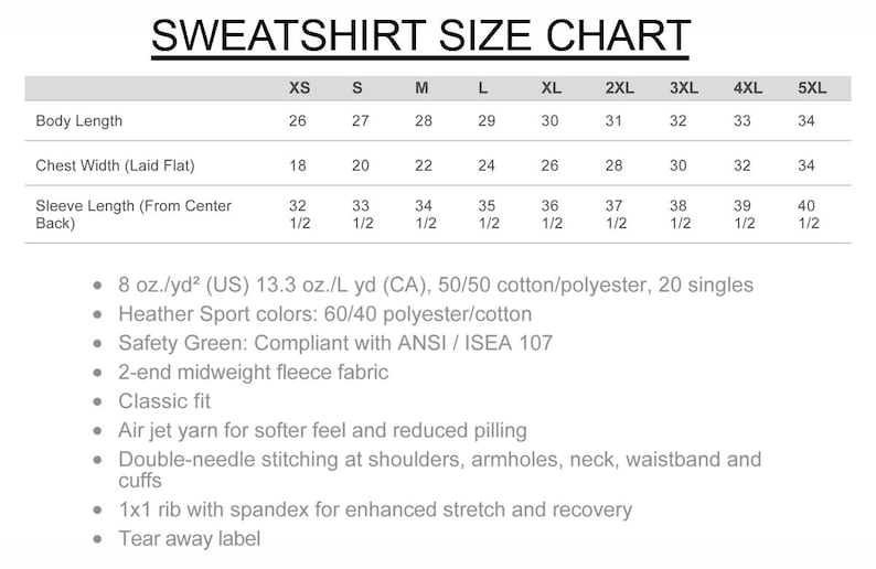 Puede incluir: Tabla de tallas de sudaderas con medidas en pulgadas para largo del cuerpo, ancho del pecho y largo de manga. Incluye detalles sobre tejido, ajuste y confecci&oacute;n, como tejido de 8 oz./yd&sup2;, corte cl&aacute;sico y costuras dobles.
