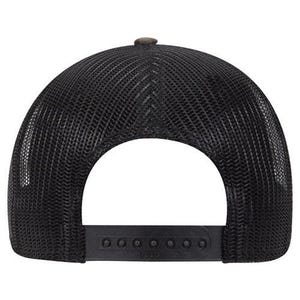 May include: Black trucker hat with a mesh back and a curved brim. The hat features a snapback closure for an adjustable fit. The top of the hat is a solid color, and the brim is slightly curved.