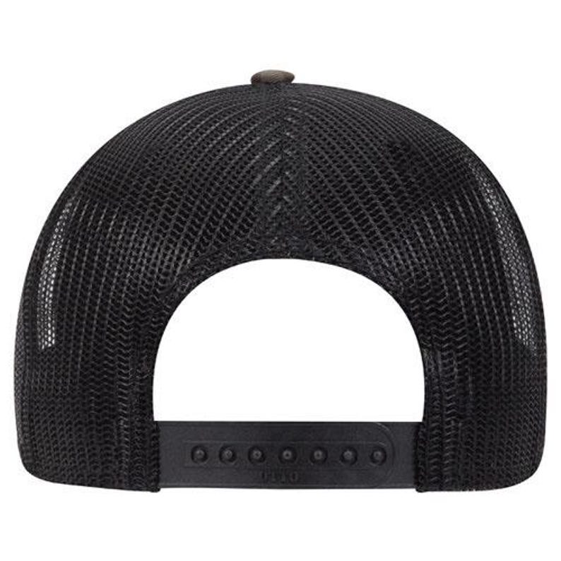 May include: Black trucker hat with a mesh back and a curved brim. The hat features a snapback closure for an adjustable fit. The top of the hat is a solid color, and the brim is slightly curved.