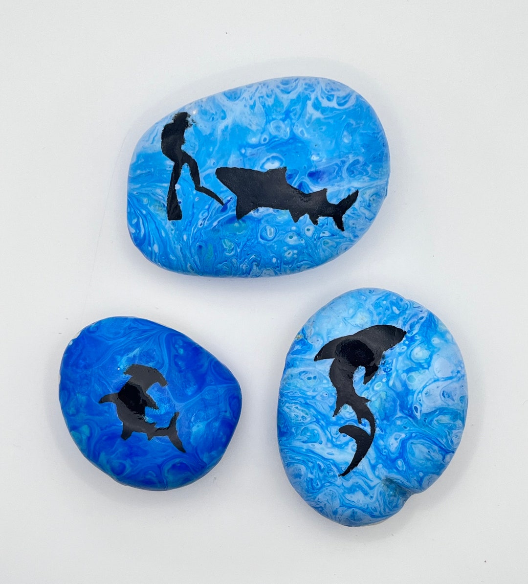 Scuba Diver and Sharks Paint Pour Rock Sets, Painted Rocks - Etsy