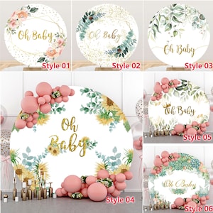 Round Oh Baby Theme Photography Backdrop,Green Leaf Flower Newborn 1st Birthday Party Circle Background Photo Booth Studio,Custom backdrop