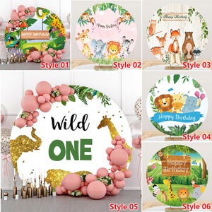 Fondo de fotografía de safari en la jungla redonda, decoración para fiesta de cumpleaños de niños, baby shower, fondo circular, estudio de fotomatón, fondo personalizado