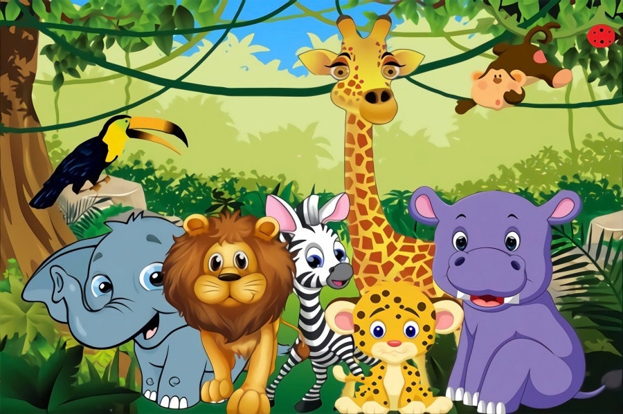 Bovlleetd Arrière-Plan d'anniversaire d'animaux de la forêt Dessin animé  Safari Animal Jungle Ours Feuilles Vertes Fond pour la fête d'anniversaire  Accessoires de séance Photo bébé Enfant 270x180cm : : Cuisine et  Maison