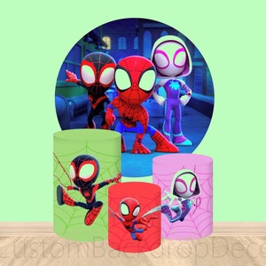 Spider Elastic Cylinder Cover Backdrop,Night City Round Backdrop,Disney Boy Birthday Party Baby shower decor Round Background photo Booth