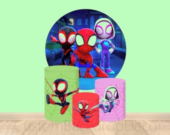 Spider Elastic Cylinder Cover Backdrop,Night City Round Backdrop,Disney Boy Birthday Party Baby shower decor Round Background photo Booth