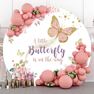 Round Colorful Flower A little Butterfly is on the way Photography Backdrop,Gold Glitter Girls Birthday Party Photophone Circle Background