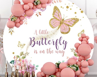 Round Colorful Flower A little Butterfly is on the way Photography Backdrop,Gold Glitter Girls Birthday Party Photophone Circle Background