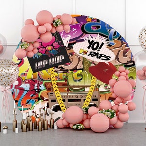 90s Party Love Colorful graffiti Happy Birthday Round Photography Backdrop,Retro Hip Hop Party Decor Music Disco Circle Photo Background