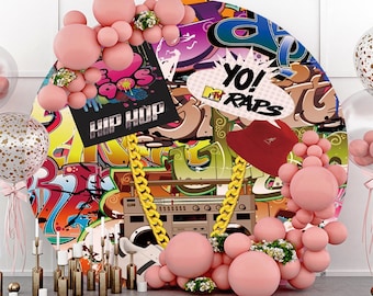 90s Party Love Colorful graffiti Happy Birthday Round Photography Backdrop,Retro Hip Hop Party Decor Music Disco Circle Photo Background