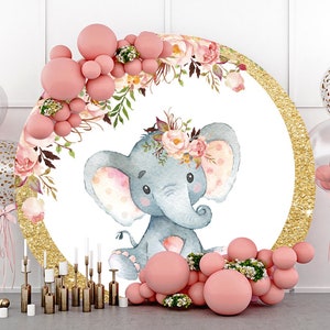 Girl Elephant Baby Shower Round Photography Backdrop,Floral Gold glitter Birthday Party Decor Circle Background Photo Studio,Custom Backdrop
