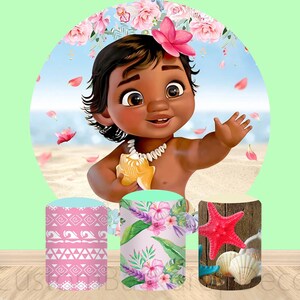 Princess Moana Round Backdrop,Cartoon Elastic Cylinder Cover Backdrop,Girls Birthday Party Decor Plinth Covers Round Background Photo Studio